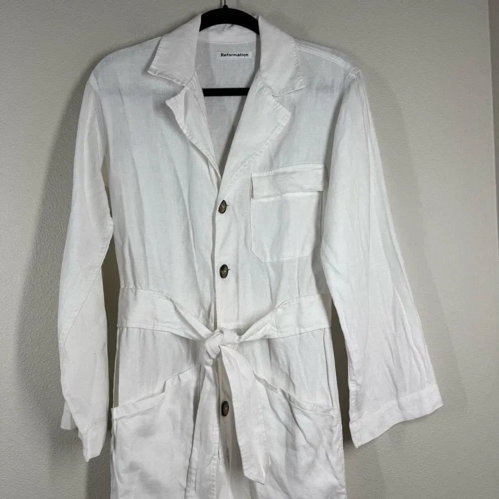 Reformation Cade Linen Jumpsuit White Button Front Lagenlook Minimalist Size XS